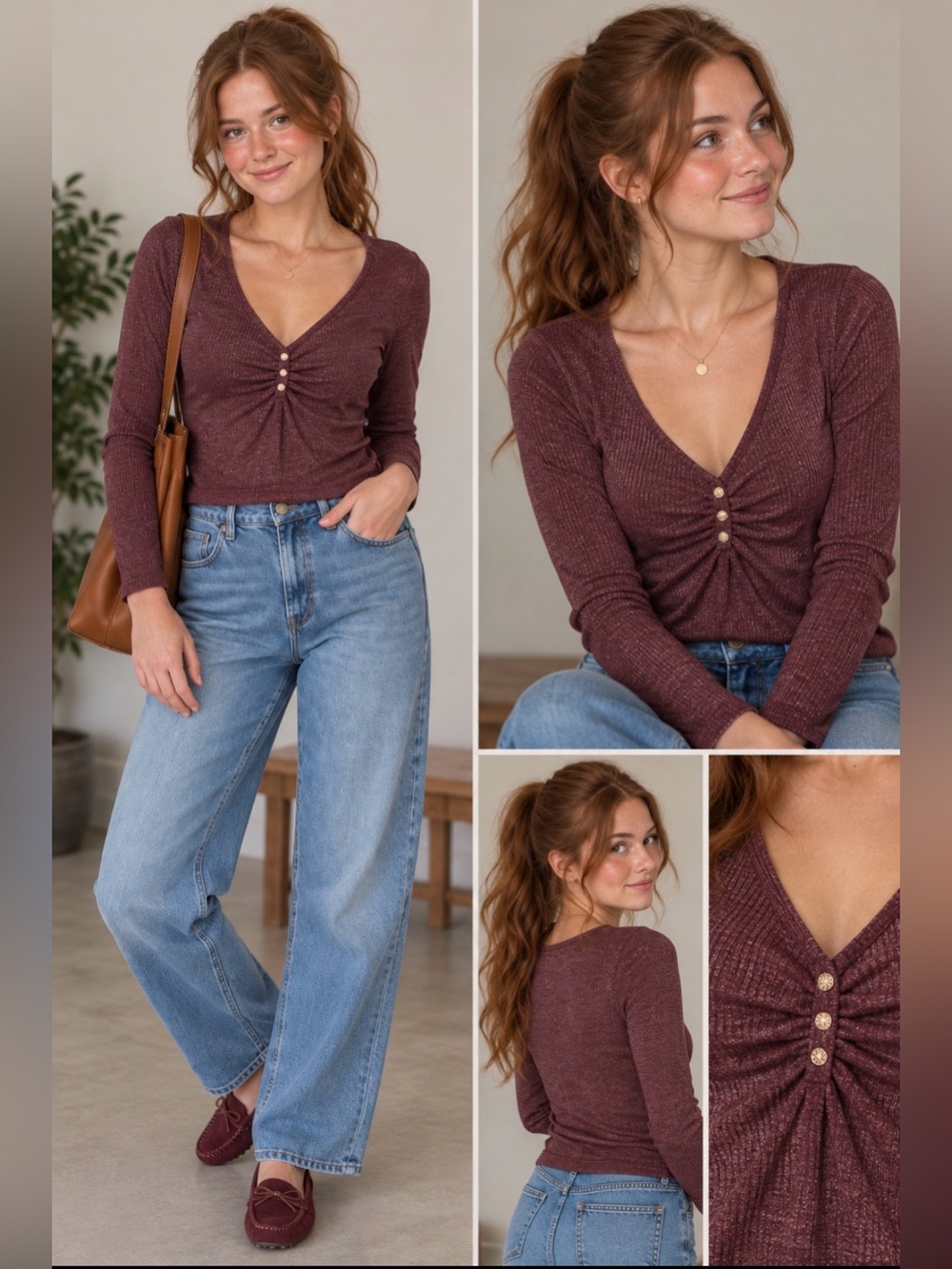 Rue21 Burgundy Ribbed Ruched V-Neck Long Sleeve Top Size XS